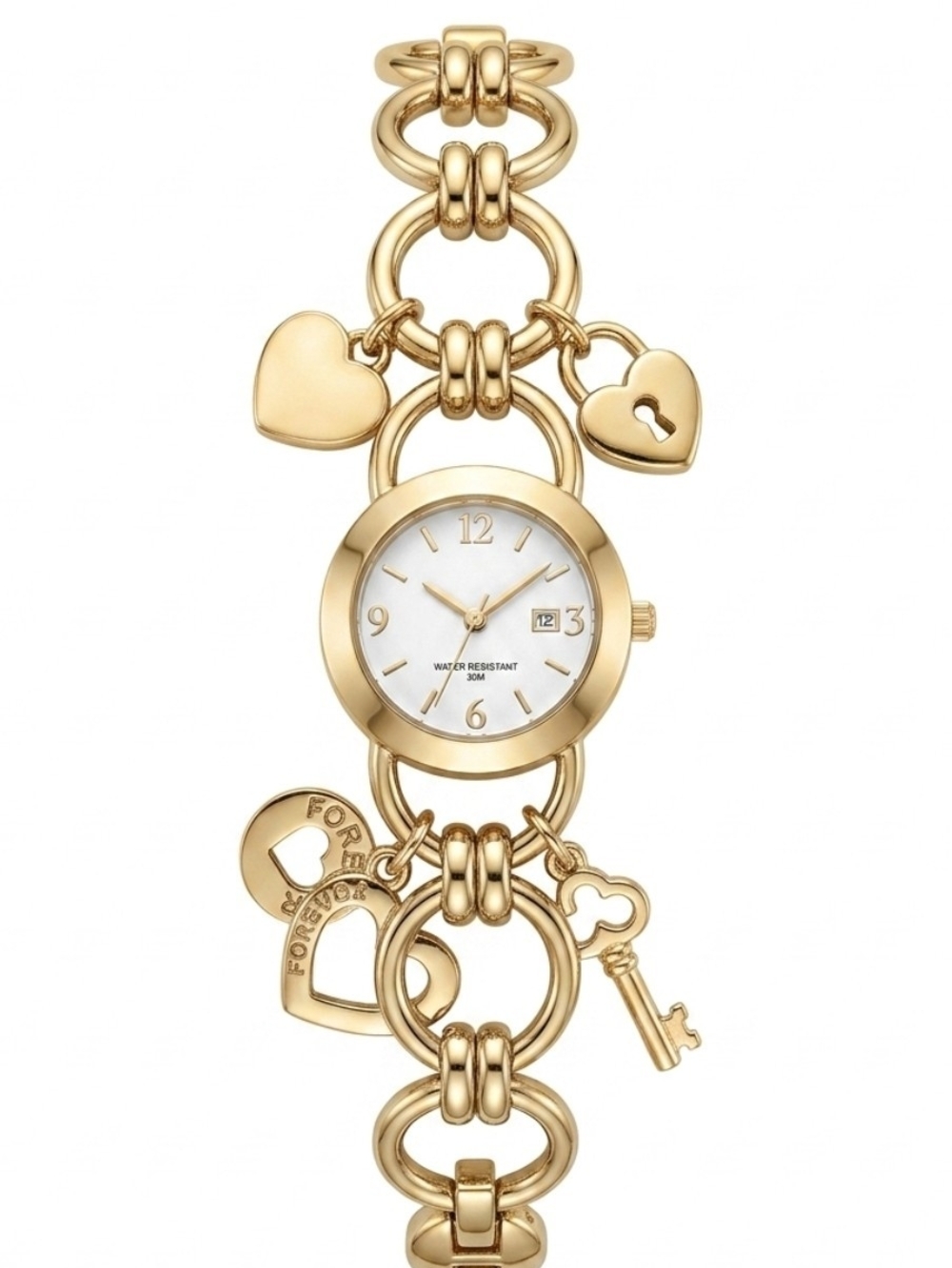 Gold Charm Bracelet Watch with Heart & Key Charms - Women's Accessories
